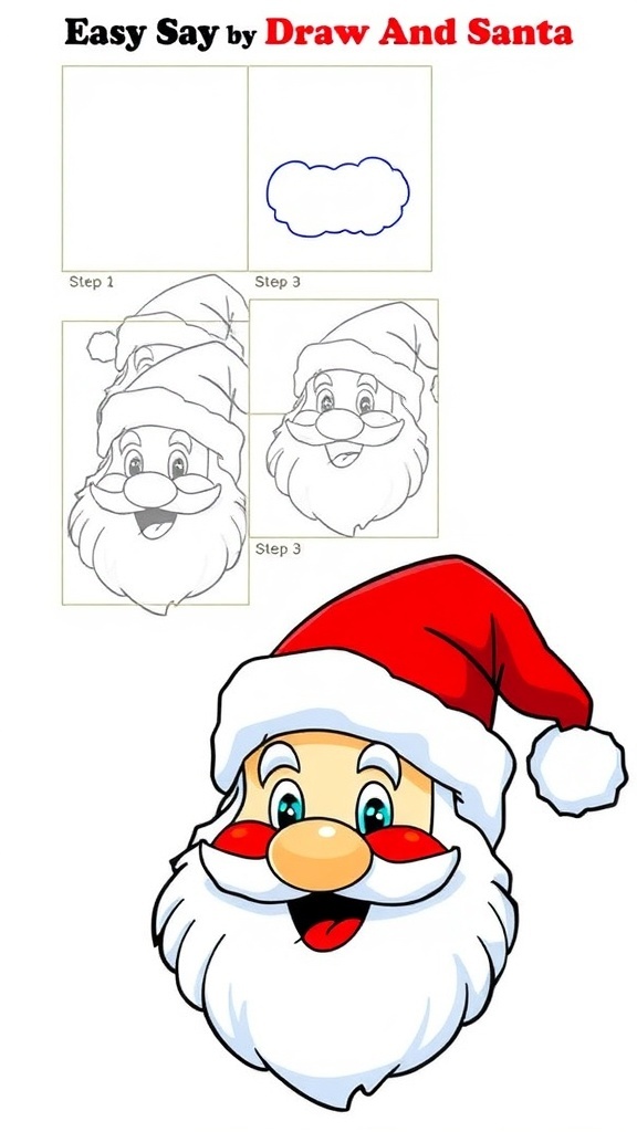 Easy Santa Claus Drawing Guide for Christmas Step-by-step drawing of Santa Claus with a red hat and white beard.